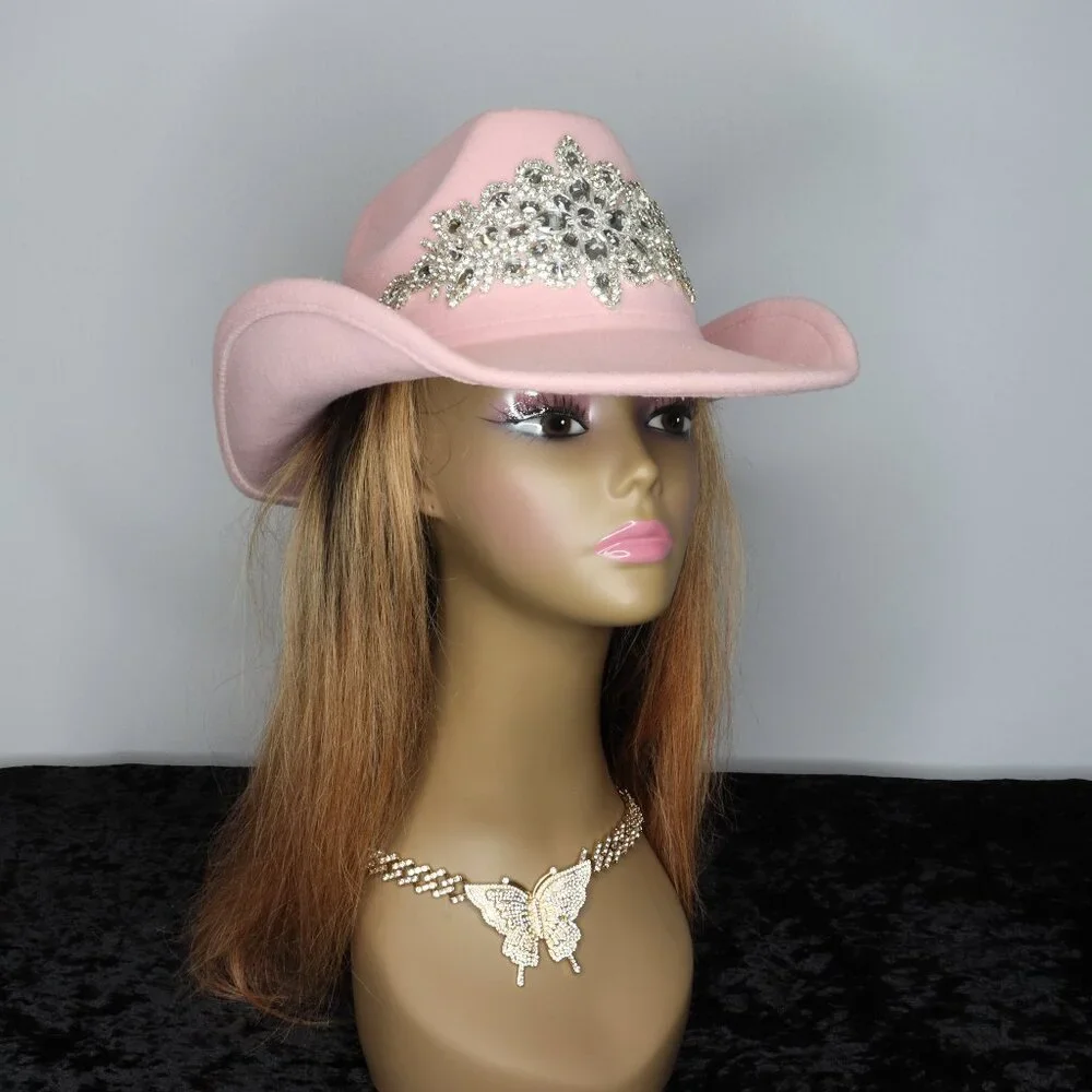 Women's Luxurious Sparkling Rhinestone Cowboy Hat - Pink - Picture 2 of 3